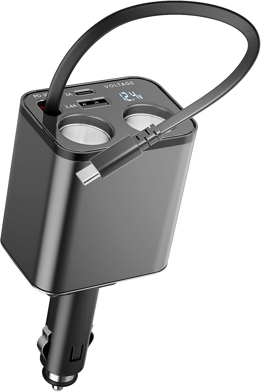 Paiholy 5 in 1 Retractable Car Charger Cigarette Lighter Splitter,159W Fast Car Charger with Type-C Retractable Cable,Dual USB Port&Dual Cigarette Lighter,Compatible with iPhone,Car Electronic Devices Retractable Type-C Cable