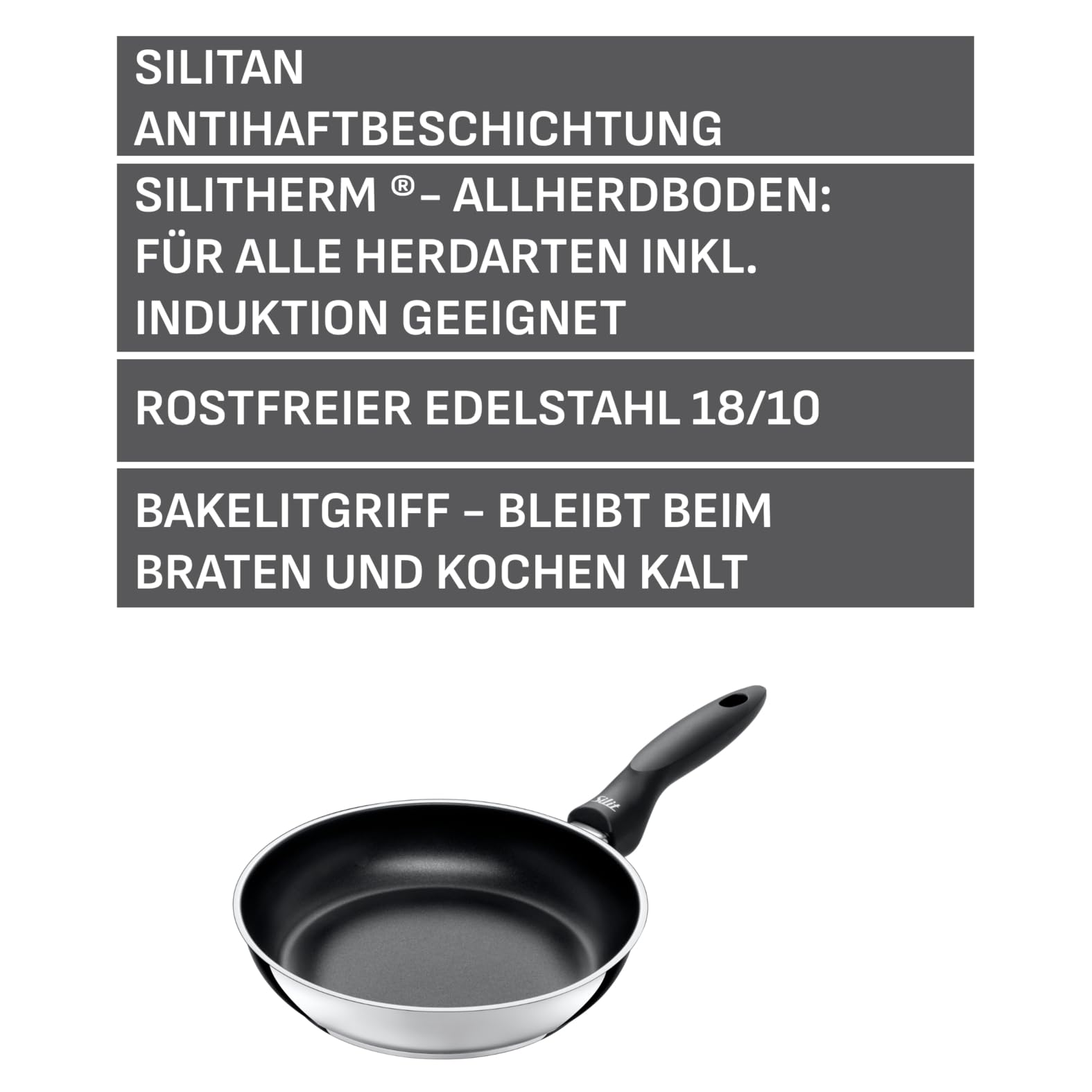 Silit Domus Bratpfanne Induktion 28 cm hoch, Edelstahlpfanne antihaftbeschichtet, für alle Herdarten geeignet, energiesparend, Kunststoffgriff, für schonendes Braten, backofenfest bis 70 Grad
