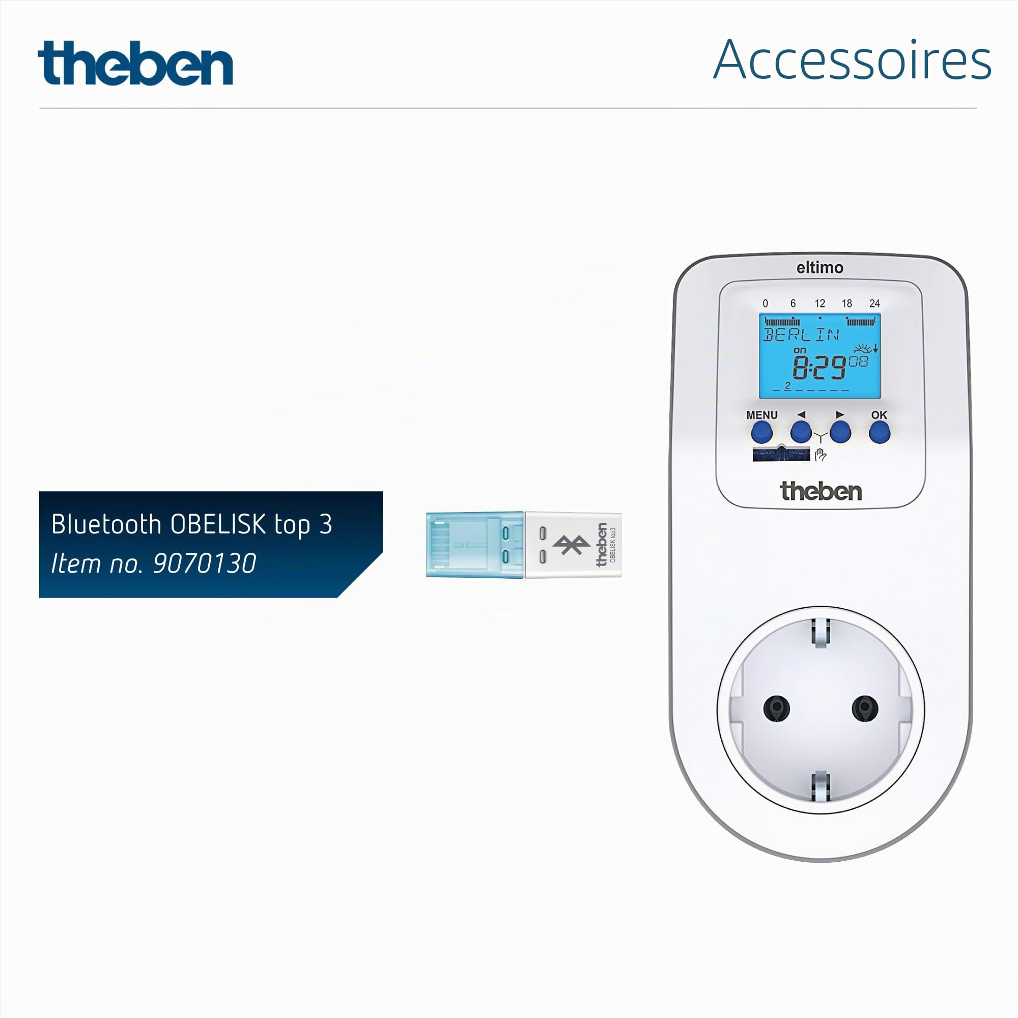 Theben 0200170 Eltimo 020 Astro top3 - Prise numérique avec Programme hebdomadaire et Fonction astronomique - Minuterie - Programmation par Application optionnelle Via Bluetooth - Programmation