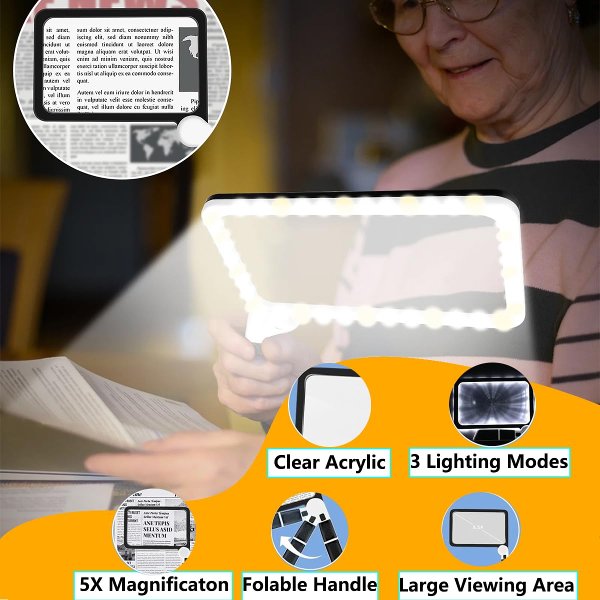 Lente di Ingrandimento con Luce LED Rettangolare Grande Portatile per Anziani Ipovedenti Lettura Pieghevole