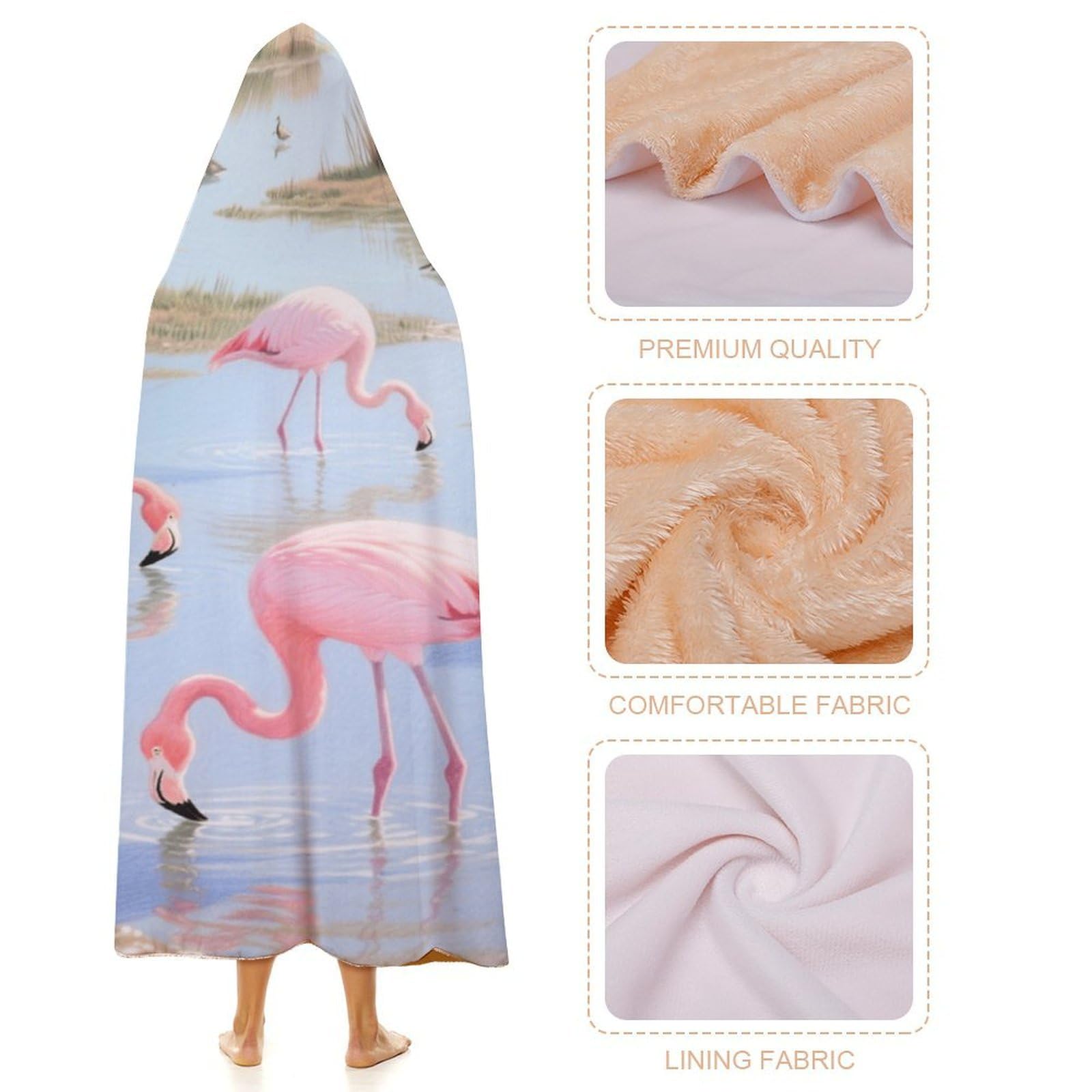 Koc do noszenia, ponczo na pelerynę, oversize, miękki, ciepły, narzuta, koc dla dorosłych, żerowanie flamingów, koc, bluza z kapturem