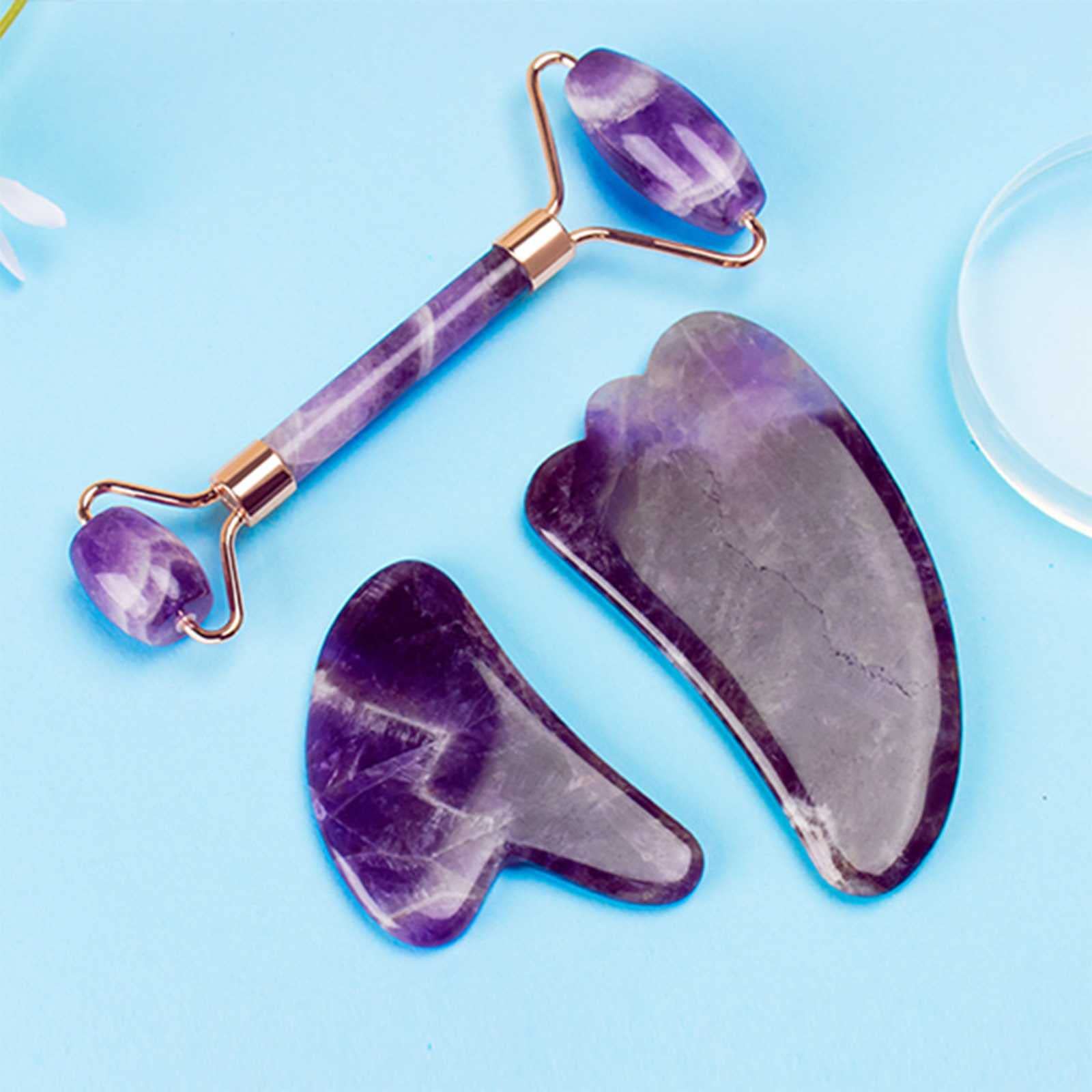 Zestaw narzędzi Gua Sha Roller do twarzy, naturalny jadeit i ametyst, do podnoszenia, napinania i pielęgnacji skóry, masaż południka i czyszczenia piegów