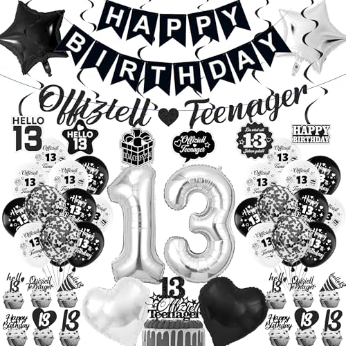 13. Geburtstag Junge Deko Ballons - 51 StüCk Schwarz Offiziell Teenager Happy Birthday Banner Girlande Girlande Zahl Ballons Hanging Streamer Tortendeko Für 13 Jahr Geburtstagsparty Dekoration