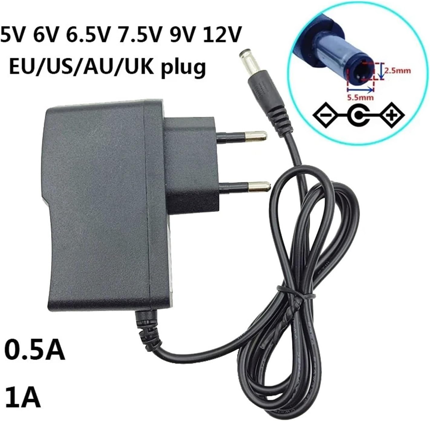 5V 6V 6.5V 7.5V 9V 12V Power Supply AC to DC 5.5x2.5mm 5.5 * 2.1mm(AU Plug,0.5A,6.5V)