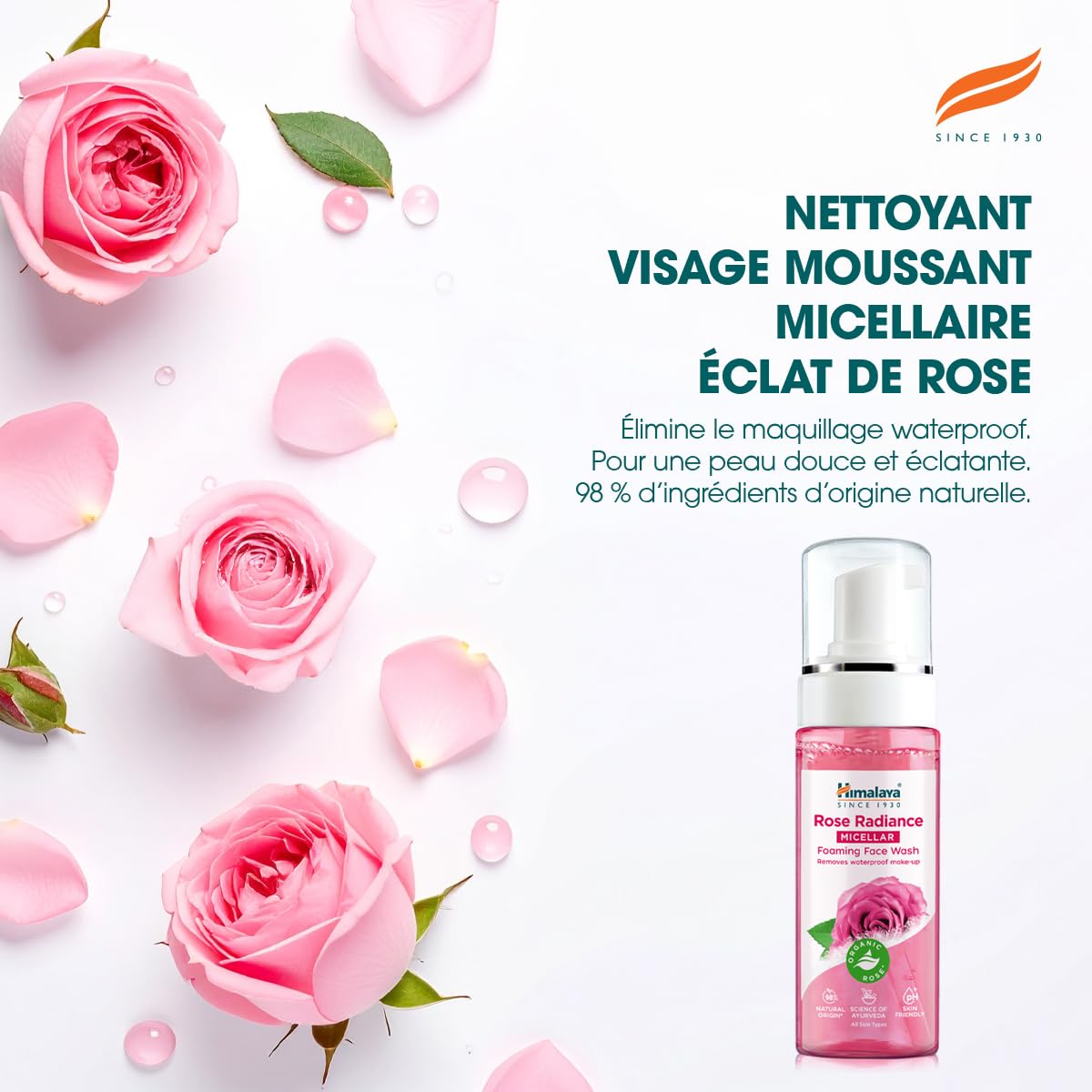 Himalaya Rose Radiance Nettoyant moussant micellaire pour le visage, élimine le maquillage imperméable, 150 ml