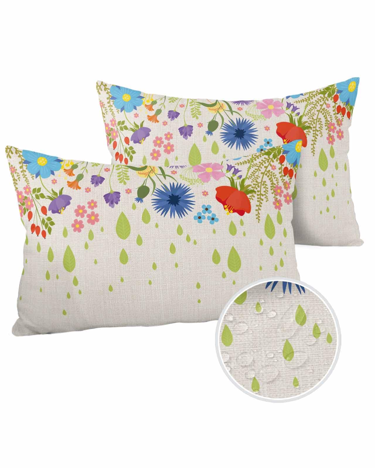 Boanket Lumbar Pillow Covers 12 x 20 in, Spring Floral Waterproof Throw Pillow Cover Set of 2, Colorful Flowers Botanical Summer Rustic Home Decorative Rectangle Cushion Covers for Patio/Couch/Garden
