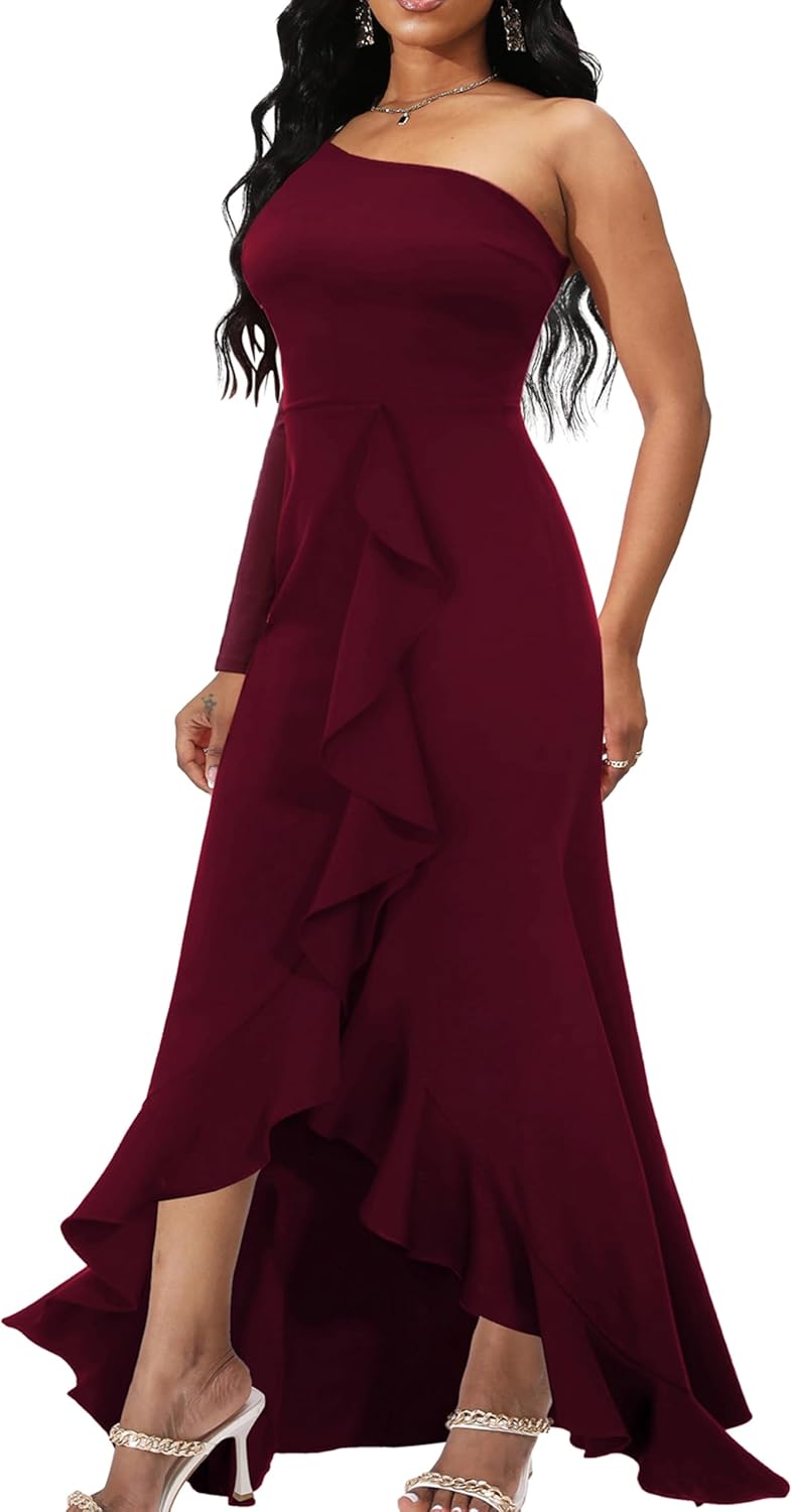 Women's Sexy One Shoulder Long Sleeve Cocktail Dresses Bodycon Ruched Wrap Split Party Formal Long Dress - Image 2