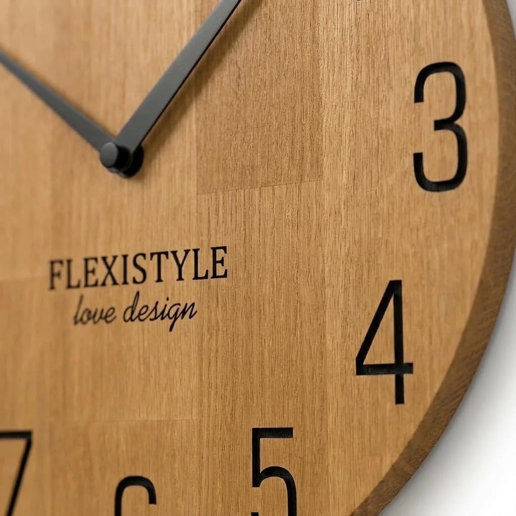 FLEXISTYLE Wanduhr Natur 30cm Durchmesser holzoptik 100% Eiche, Holz modern, Wohnzimmer, ohne tickgeräusche …