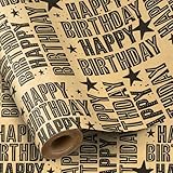 RUSPEPA Kraft Wrapping Paper Roll - Mini Roll - Black Happy Birthday Pattern Great for Birthday, Party, Baby Shower - 17.5 Inches X 32.8 Feet