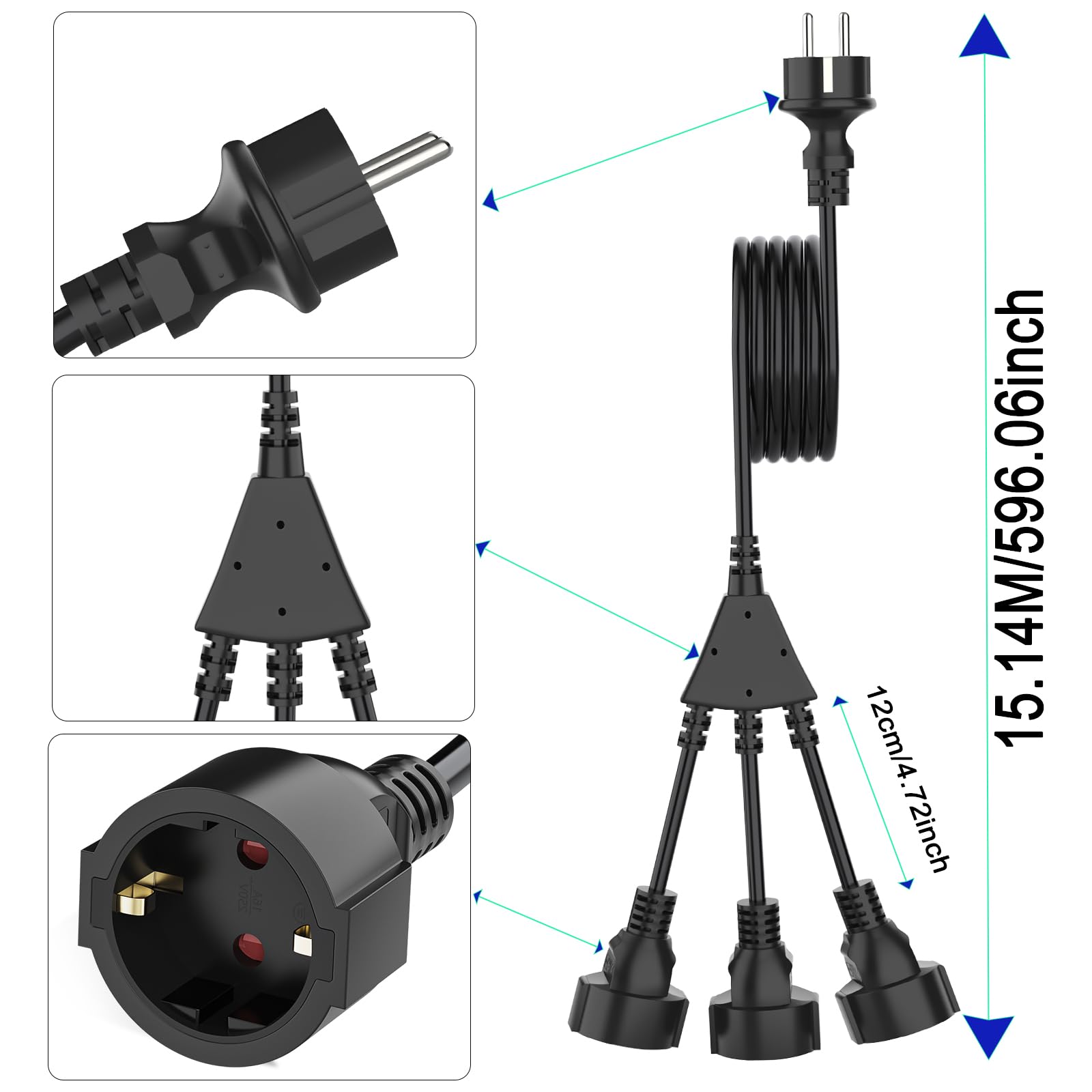 Rallonge avec contact de protection, prise extérieure pour double prise, 3 x 1,5 mm², cuivre, 250 V/13 A, étanche IP44, pour l'extérieur, la maison, le bureau, le jardin, 15 m, noir