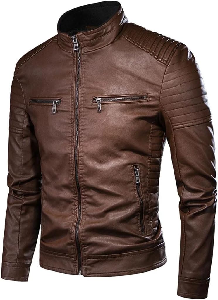 Men Vintage Leather Jacket Coat Motor Biker Pocket PU Leather
