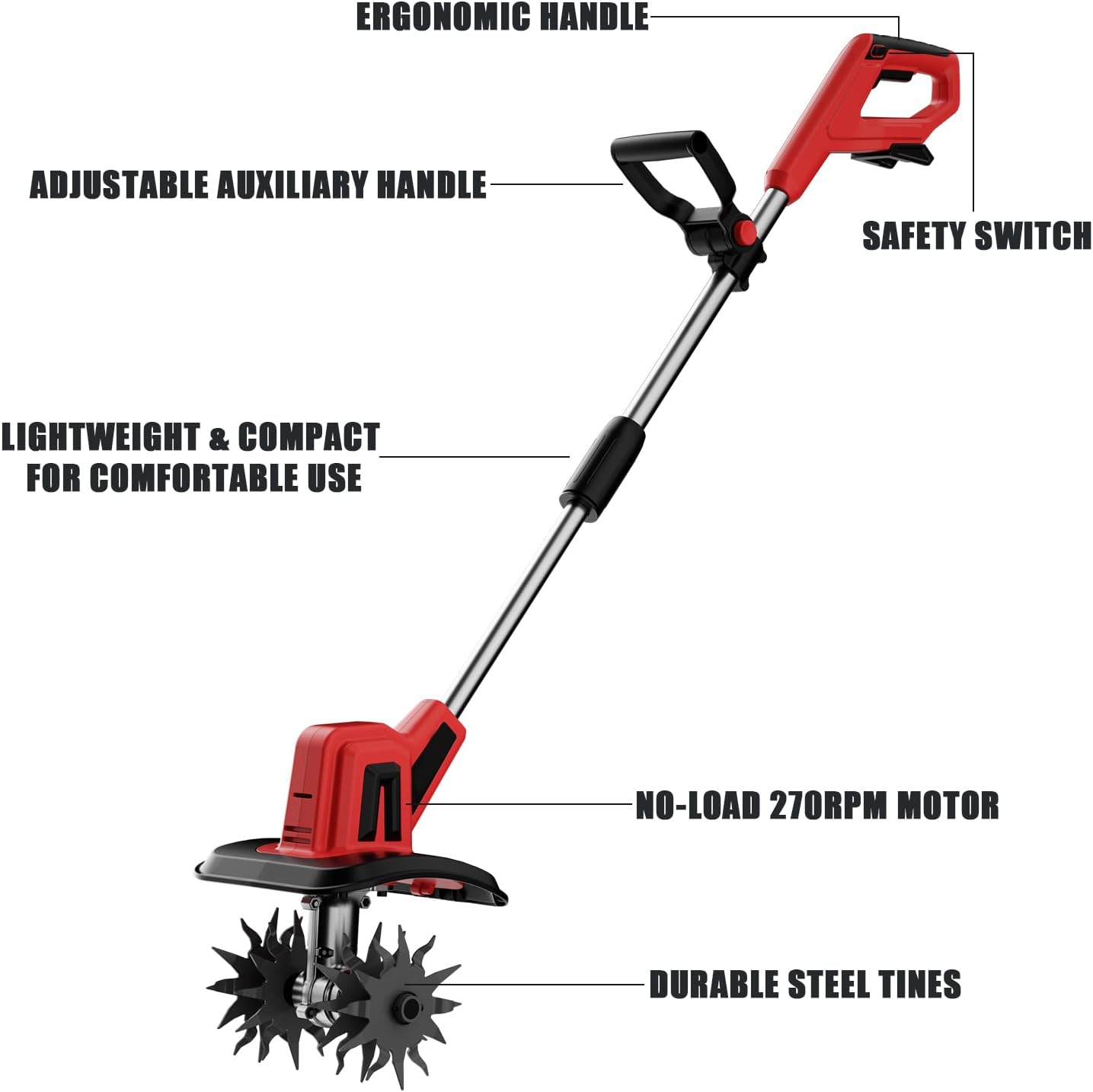 MaxMore Cordless Tiller Cultivator Compatible with Milwaukee 18V Battery (Tool Only), Electric Garden Rototiller with 48 Steel Tines, 8.7 Tilling Width, 6.3 Depth for Gardening, Soil Turning