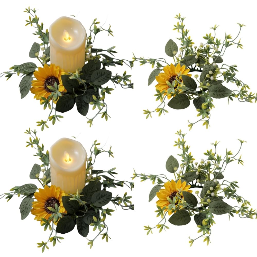 Ccuuhj Yellow 4Pcs Sunflower Wreaths, Small Artificial Eucalyptus & Sunflower Candle Rings For Kitchen, Wedding, Table Decor, Faux Greenery Candle Holder Rings (Yellow)