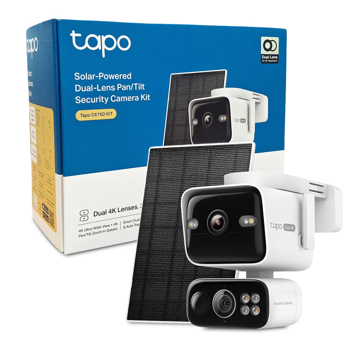 Tapo C675D KIT - Caméra de Surveillance Solaire Extérieure 4K Double Objectif - Caméra WiFi - Ultra Grand-Angle 169° + Téléobjectif Zoom 5X, Suivi Automatique IA 360°, Capture Continue 24/7 AOV
