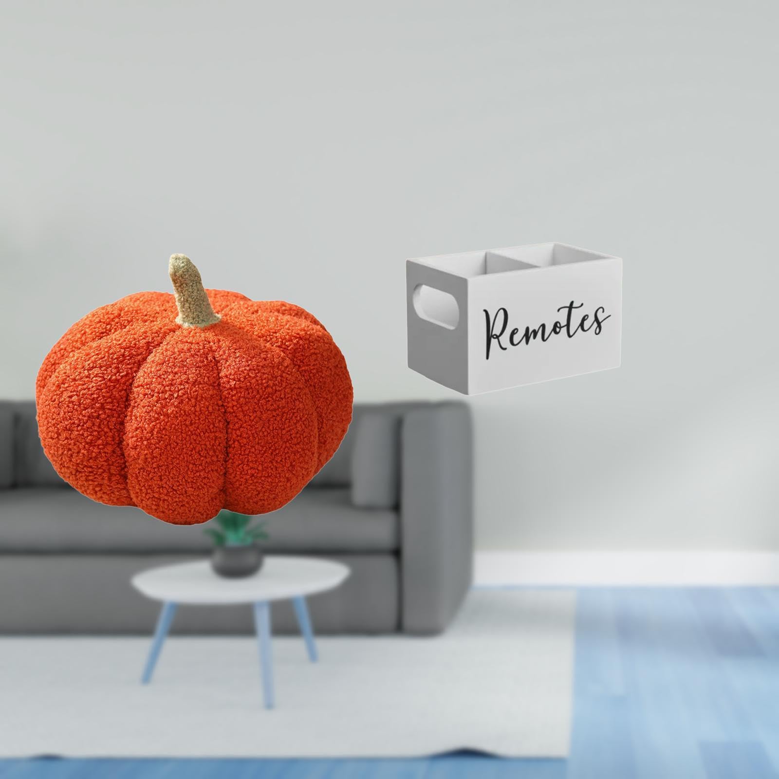 halloween pumpkin plush sofa cushion and retro wooden remote control holder organizer for bed bedroom living room nightstand couch office decor