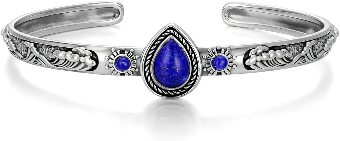 Lapis Lazuli Cuff Bracelet for Women, Sterling Silver Deep Blue Stone Wave Design Bangle, Handmade Boho Jewelry Idea Gift