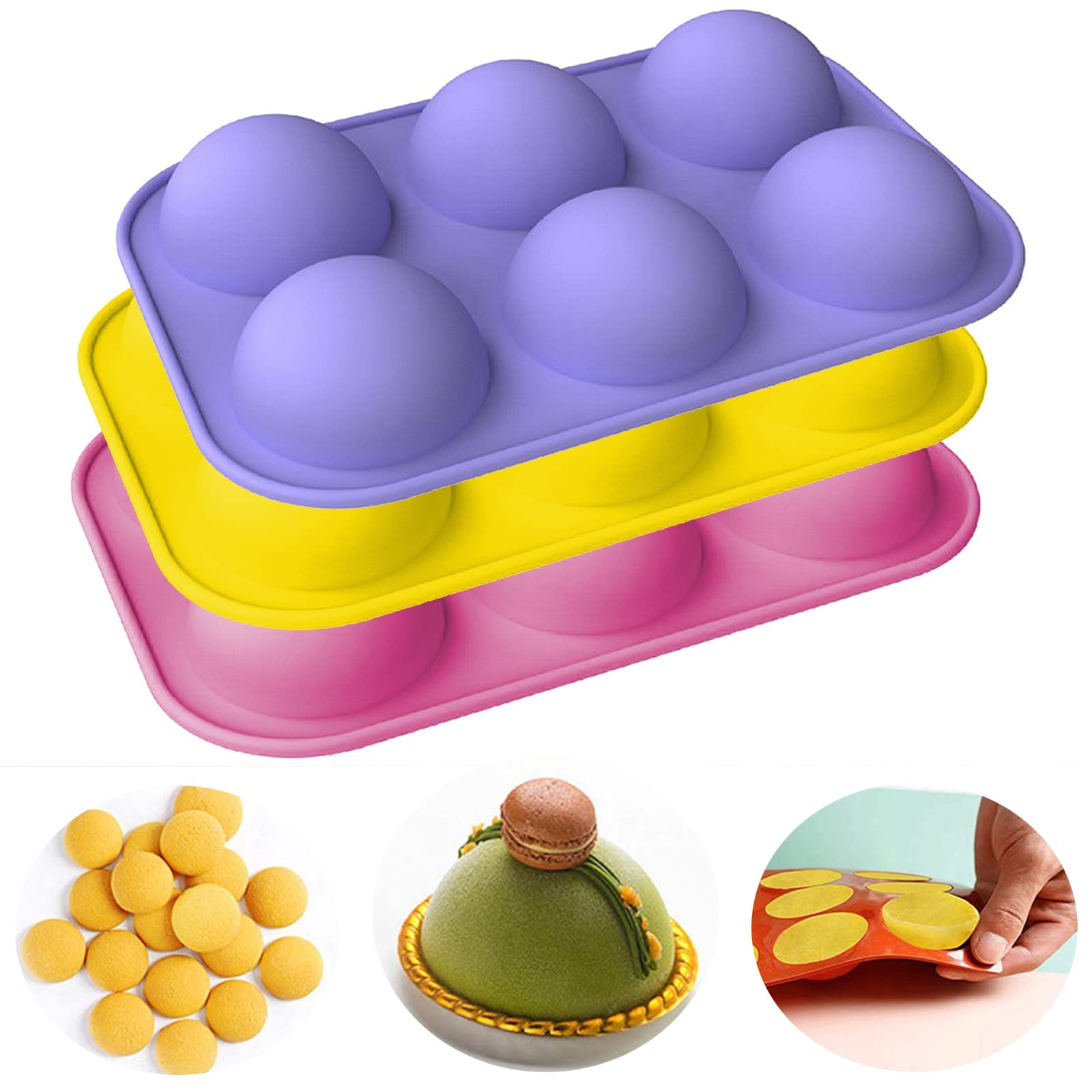 QAZQ 24 Cups Semicircle Silicone Molds - 3PCS Semi Sphere Round Dome Fondant Mold - Bomb Teacake Baking Pan for Cake Decoration - Muffin Chocolate Candy Gummy M-ousse Jelly P-udding Ice Cube Tray