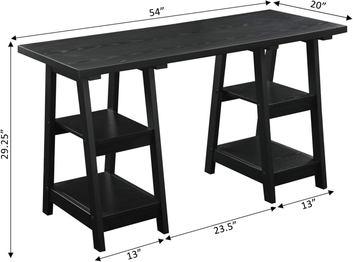 Convenience Concepts Designs2Go Double Trestle Desk with Shelves, Black