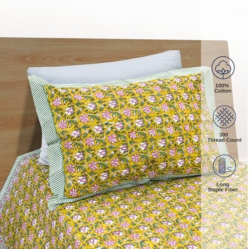 Image of TOAI Hand Block Printed Bedsheet | Bed Sheet Flatsheet | Pure Cotton | Single Bed Size 60 inchx90 inch | 300 TC Long Staple Cotton | 1 Reversible Pillow Cover |Pink Floral Pond