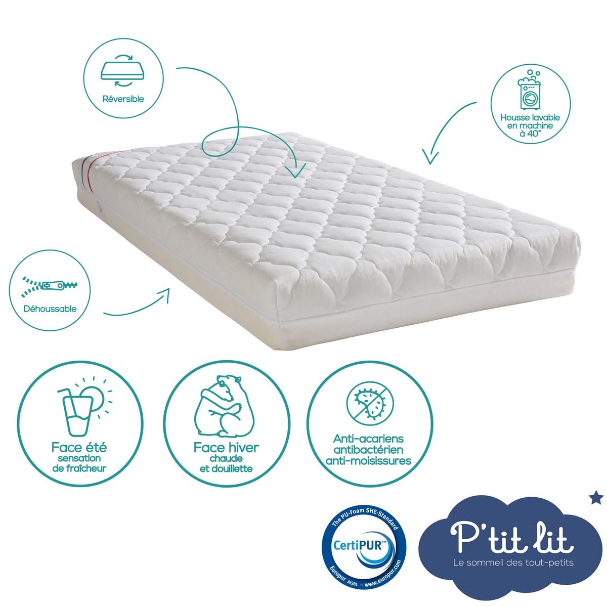 P'tit lit, Materasso Lettino Climatizzato, 60x120 cm, 1 Lato Estivo/ 1 Lato Invernale, Anti Acari, Sfoderabile, Oeko Tex, Fabbricazione europea