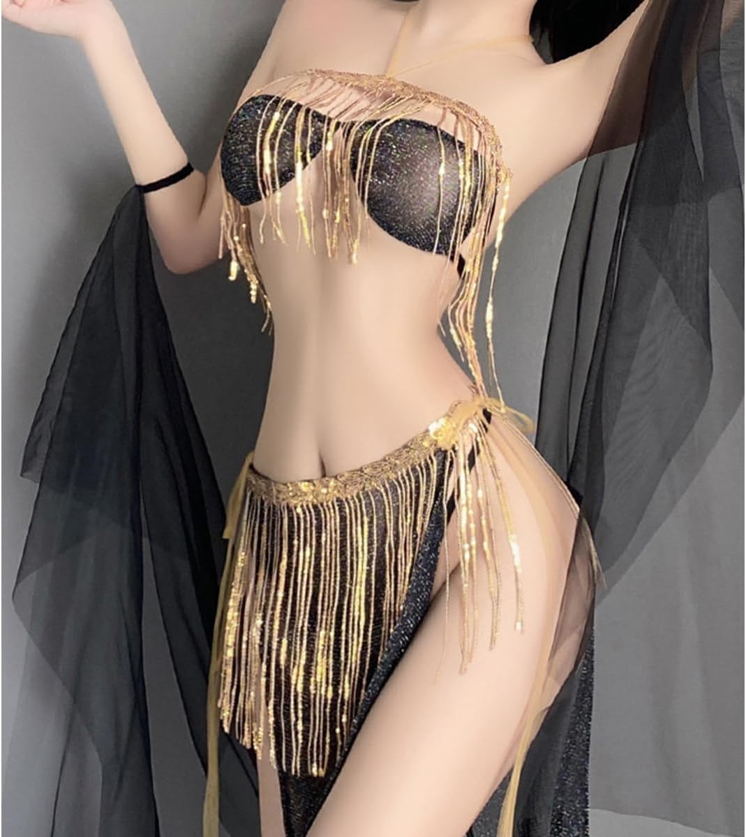 SNOMYRS Rave Outfit Sexy Cosplay Lingerie Fringe Sequin Bikini Set Lace Mesh Skirt Cover Up Qipao Cheongsam Egyptian Costumes, Black