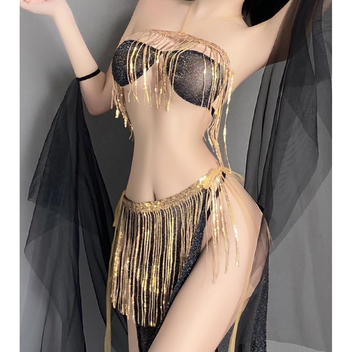 SNOMYRS Rave strój seksowna bielizna cosplay frędzle cekiny zestaw bikini koronkowa spódnica z siateczki okrycie Qipao Cheongsam egipskie kostiumy, czarny