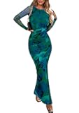 Women's Bodycon Maxi Dress Fall Spring Fashion Long Sleeve Floral Print Tight Fitted Party Club Ruched Dresses
