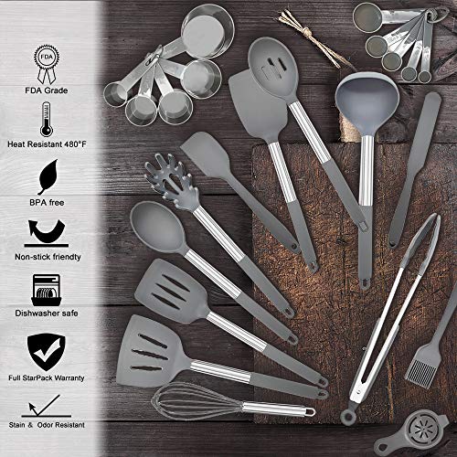 Silicone Kitchen Cooking Utensil Set,25PCS Kitchen Utensils with Holder,Heat-Resistant Non-Stick BPA-Free Stainless Steel Handle Silicone Spoons Spatula Turner Whisk Tongs Cooking Tools - Grey