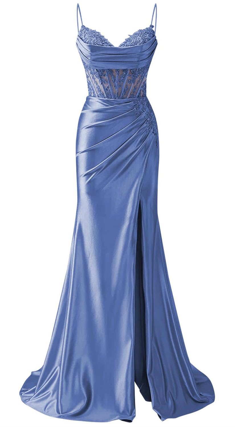 KIYNE Dusty Blue Prom Dresses with Slit for Women Spaghetti Strap Lace Applique Mermaid Formal Dress Corset Long Homecoming Party Gown UK12