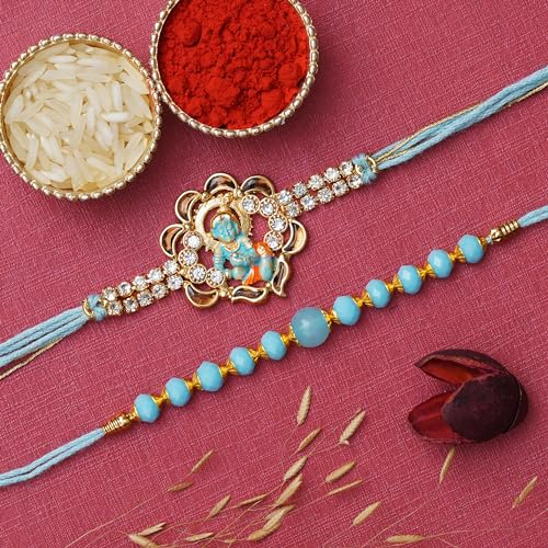 Image of eCraftIndia Set of 2 Ladoo Gopal Krishna and Beads Designer Rakhis, Best Bro Ever Fridge Magnet with Roli Chawal Pack - Rakhis for Brother, Bhabhi, Kids