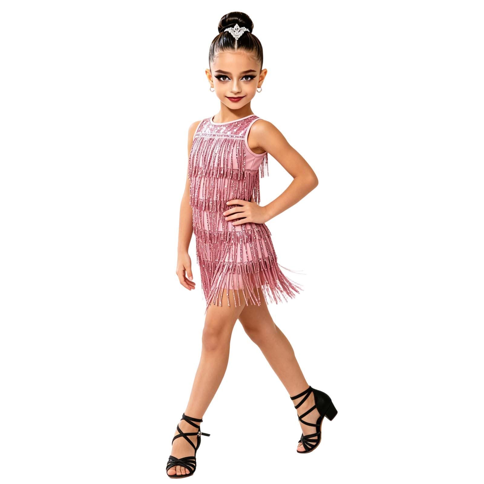 Vestido Ajustado sin Mangas con Lentejuelas y Flecos para niñas, Cuello Alto, Espalda Abierta, Ideal para Baile Latino y Fiestas, Brillo Intenso, Tallas 6-14.