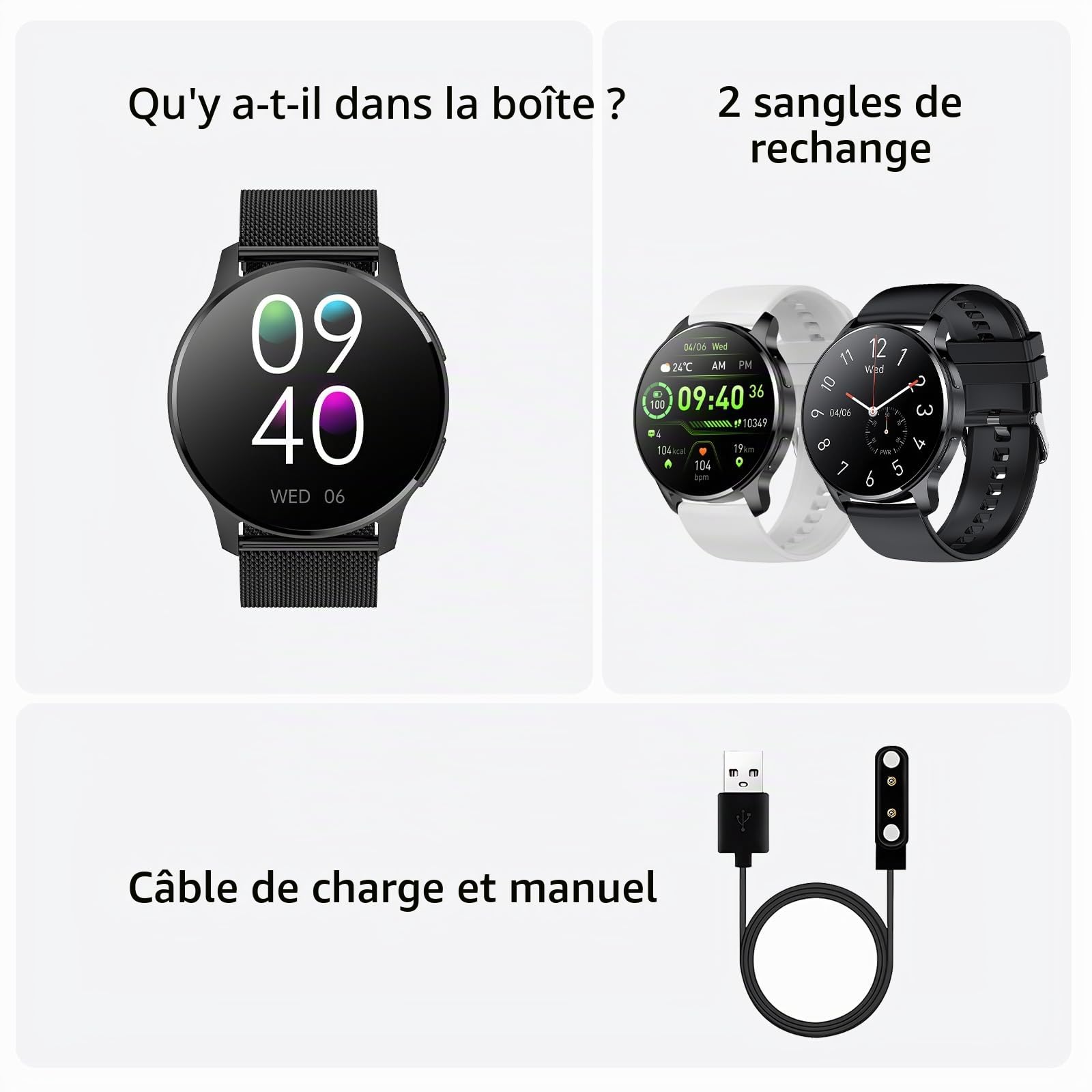 Montre Connectée Femme Homme Appel Bluetooth Podometre Sommeil | Écran 1,34" HD Étanche Smartwatch Ronde Cardiofrequencemetre Menstruel Cycle Cadeau- Android iOS [3 Bracelets]
