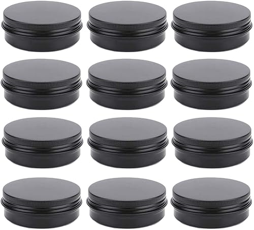 Paquete de 12 tarros de aluminio de 2 onzas de 2.0 fl oz redondos, rellenables, recipientes de muestras cosméticas de aluminio negro con tapa de