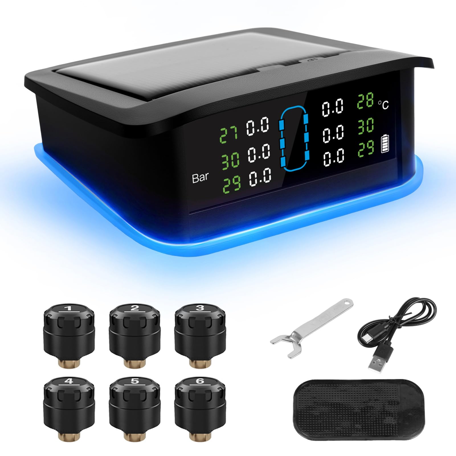 Keenso di Monitoraggio della Pressione dei Pneumatici, TPMS Solare con 6 Sensori Esterni, Retroilluminazione a Due Colori Blu Rosso, Visualizzazione in Tempo Reale per, Camion,