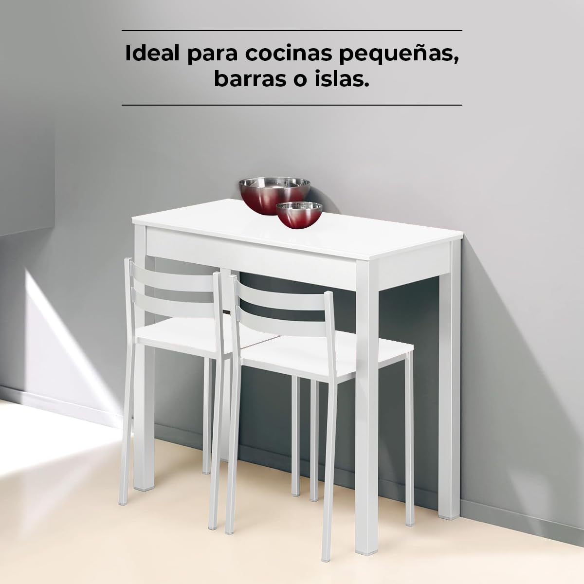 2 Taburetes de Cocina con Respaldo bajo, Franjas horizontales y Asiento tapizado - Estructura Color Blanco - Asiento en Polipiel Blanco