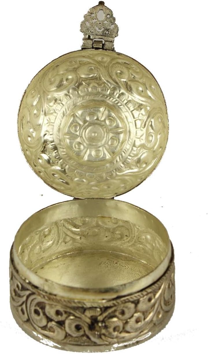 Jhoomki.com Indian Handicraft Small Trinket Box - Round Shape Oxidixised Silver Finish Gift Box - Size 2.75 Diameter x 2.25" Height [sku100829]