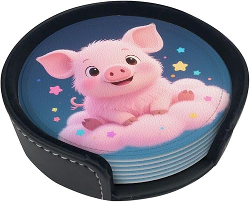 Miniatura 1 de Drink Coasters Set of 6, Little Pig Printed PU Leather Round Coaster with Holder for Outdoor, Office, Bar, Funny Heat-Resistant Home Desk Decor