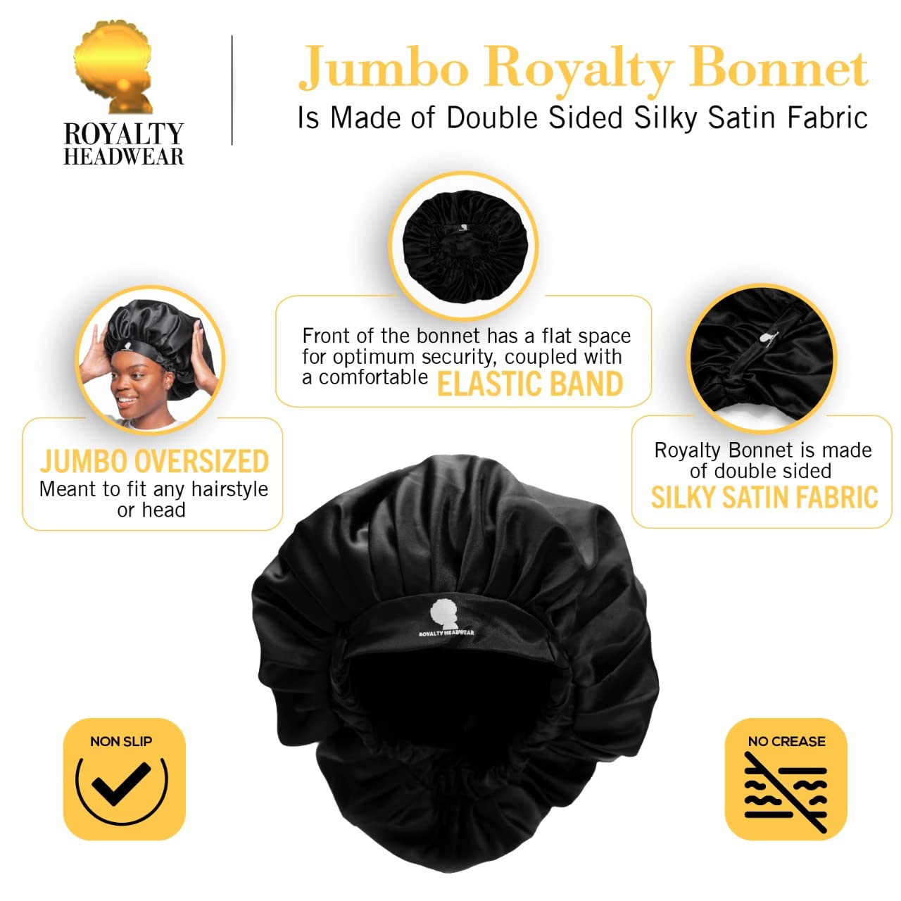 Royalty Headwear Silk Satin Bonnet for Women - Jumbo Extra Secure Non-Slip Satin Hair Bonnet for Sleeping, Bath - Adjustable Satin Cap Silk Hair Bonnet - Pink