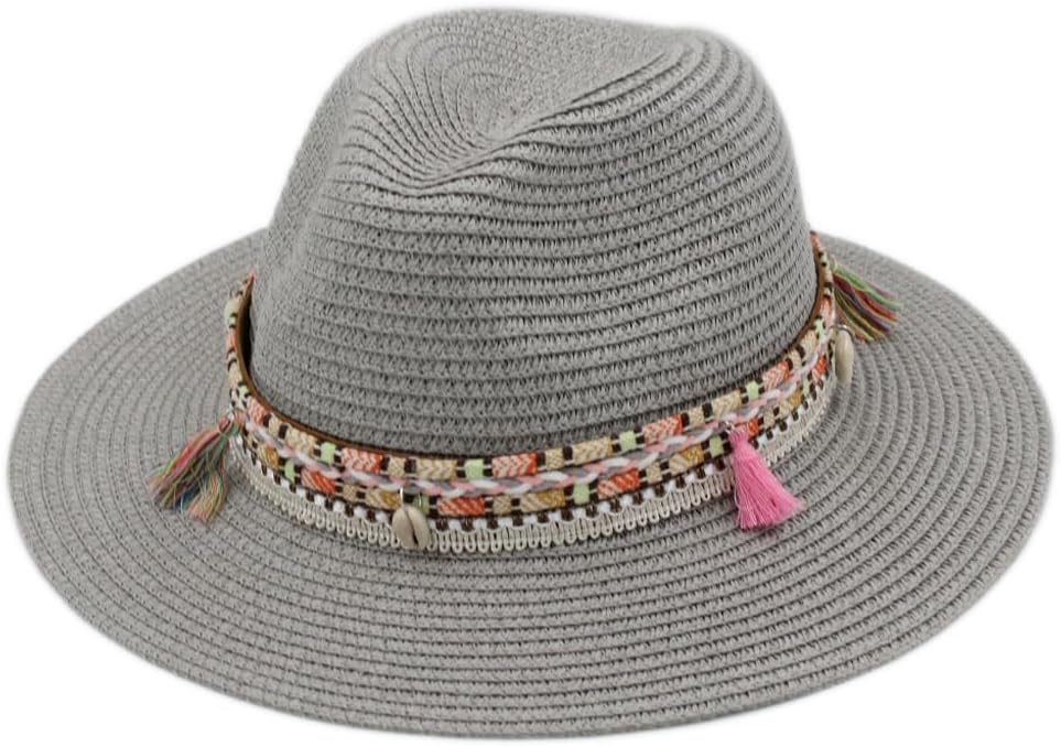 Women Wide Brim Straw Panama Hat Fedora Cap Summer Beach Sun Hat UPF50+ with Tassels Braided Belt