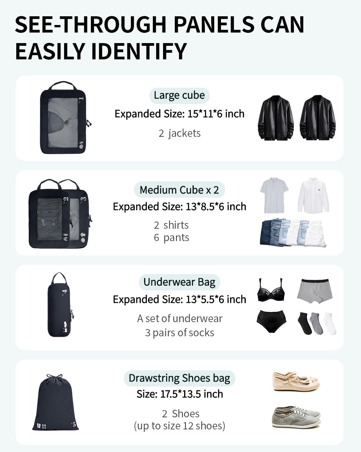 ECOHUB 5 Set Compression Packing Cubes for Suitcases Organiser Bags Set Travel Essentials with Shoe Bags for Travel Tear-resistant Travel Accessories with ID Tag Expandable Packing Bags(Navy Blue) - Image 6