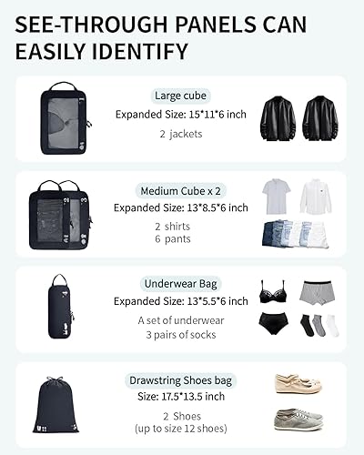 Miniatura 6 de ECOHUB Juego de 5 cubos de compresión para maletas, bolsas organizadoras, artículos esenciales de viaje con bolsas para zapatos para viajes