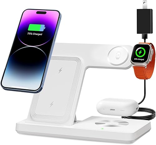 Miniatura 1 de Cargador inalámbrico, estación de carga 3 en 1 para múltiples dispositivos, base de carga para iPhone serie 8-16, Apple Watch, AirPods Pro 3 2 con