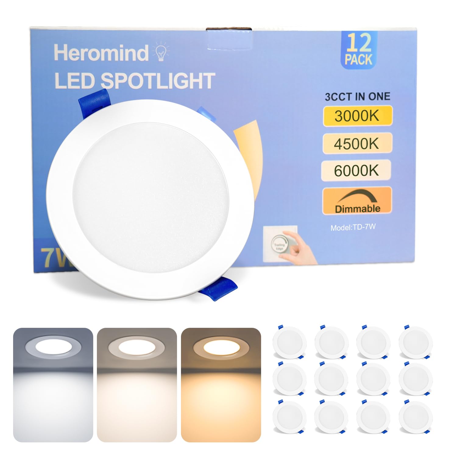 12 Pack Downlight LED 7W 700LM, Luz Empotrable Regulable 3 Temperaturas, Con Clip Azul, Para Interior Techos (Blanco)