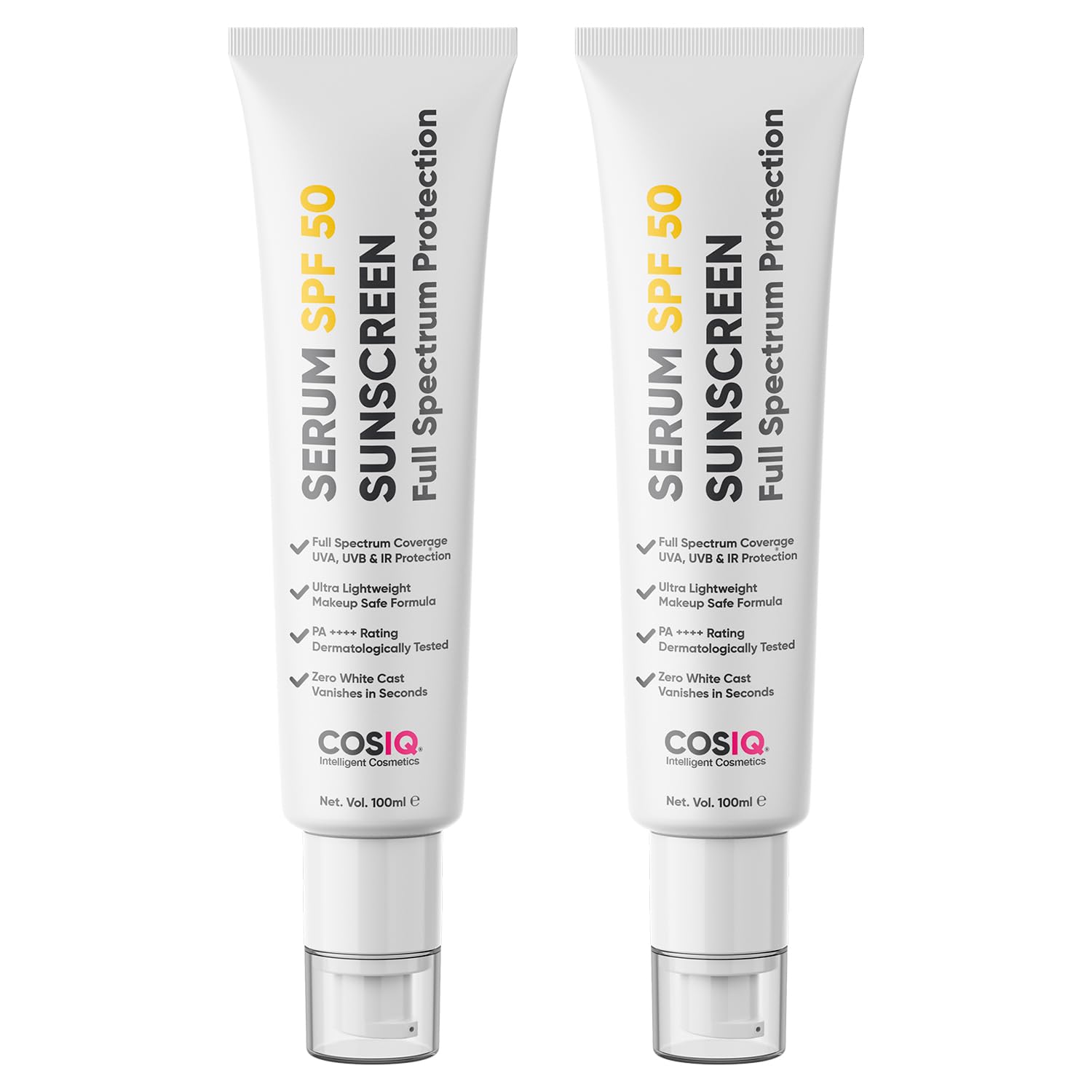 Cos-IQ Sunscreen SPF 50 PA++++ Serum | UVA/B & Blue Light Protection for Men & Women | Broad Spectrum Sun Protection | Oily, Dry, Sensitive & Combination Skin | No White Cast | 100ml, Pack of 2
