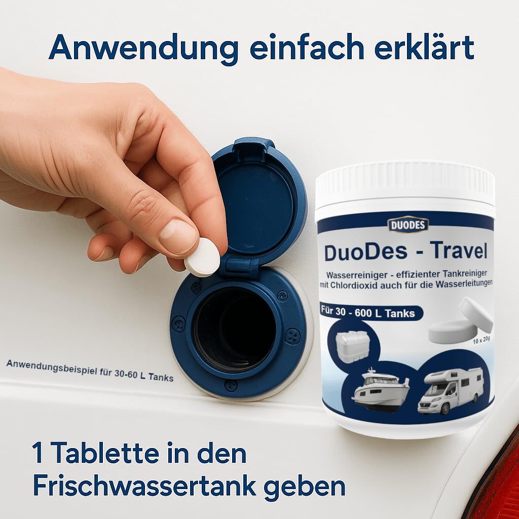 DuoDes Travel Wassertank Reiniger Tabletten - Tankreinigung & Wasserpflege für Wohnmobil, Caravan, Boot - Desinfektion gegen Biofilm, Bakterien & Algen - Für 30-600 L Tanks