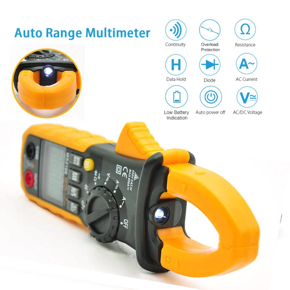 Multimetro Pinza Amperimetrica Digital 6000cuentas Pinza Multimeter Amperímetro Corriente CA,Tensión,NCV,Continuidad,Pantalla LCD con Luz Incluye Clips de Prueba, Prueba de diodos