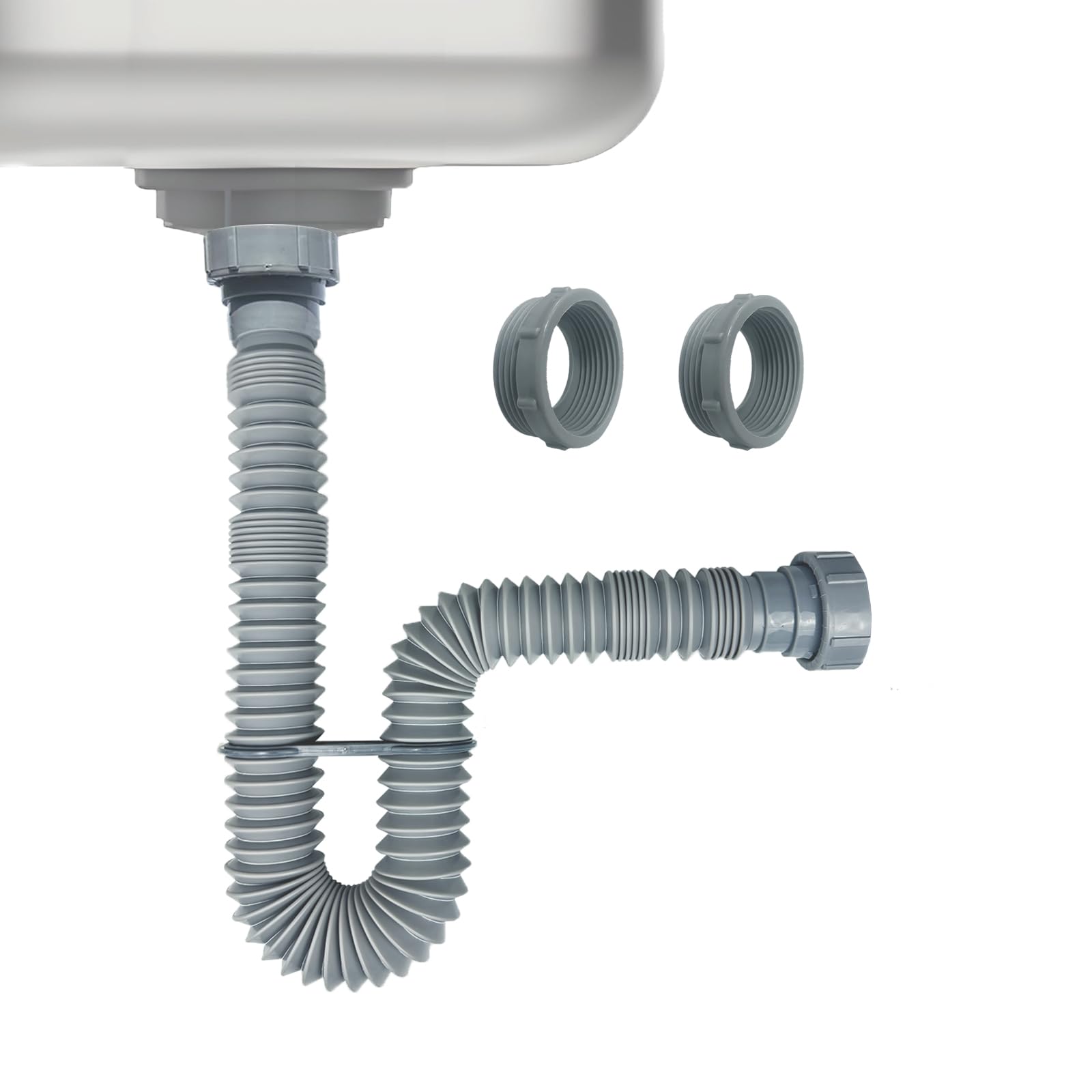 1-1/2 Inch Flexible Sink Drain Pipe, Scalable 13-33.5 Inch P Trap Pipe, Kitchen Sink Drain Kit，Bathroom Sink Drain, Contains 1-1/4 Inch Adapter (Gray)