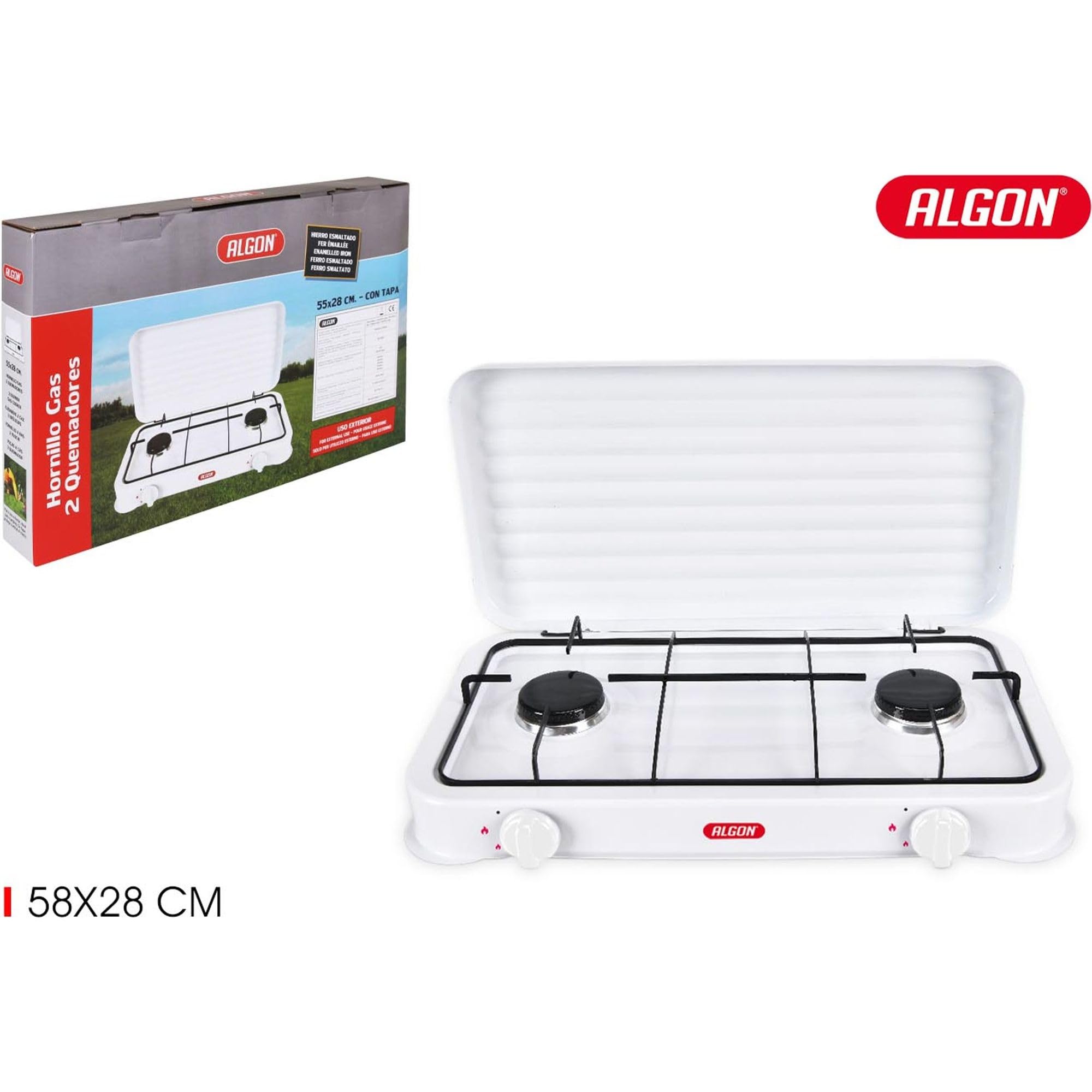 ALGON | Hornillo de Gas 2 Fuegos con Tapa – Hornillo Gas Cocina Portátil para Camping, Emergencias y Hogar