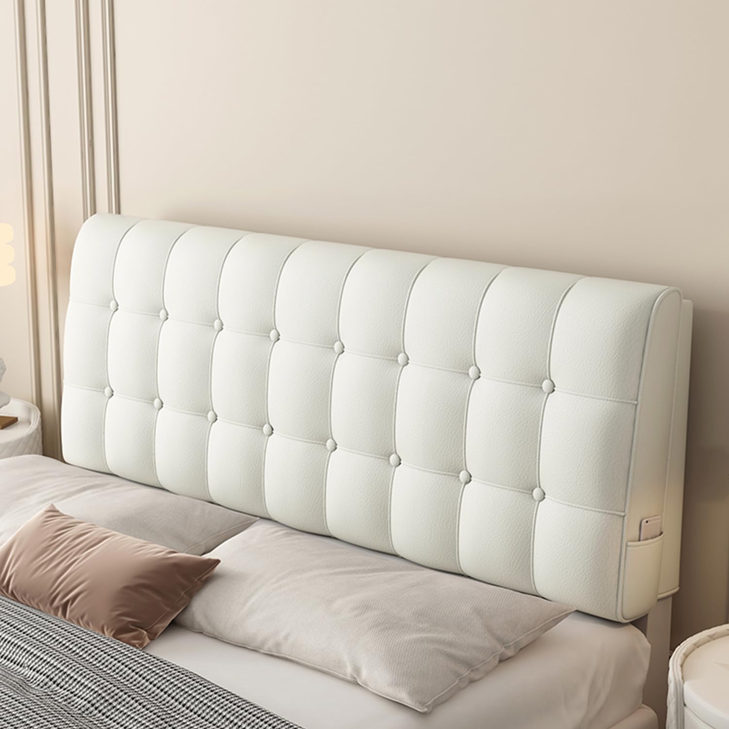 Cabecero tapizado de piel sintética para dormitorio, litera, cojín de cuña grande con soporte lumbar y funda extraíble, color blanco, 79 x 23 x 4 pulgadas
