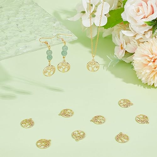 Miniatura 5 de 16 dijes de árbol de la vida chapados en oro de 18 quilates, 0.591 in, dije hueco redondo plano para manualidades, pulseras, collares, llaveros,